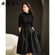 水畔衣人高檔赫本風(fēng)修身蓬蓬裙秋冬新款收腰顯瘦黑色針織拼接打底連衣裙女 黑色長(cháng)袖 S 建議85-95斤