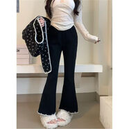 花花公子（PLAYBOY）秋冬新款女百搭重工釘珠花邊顯瘦黑色彈力松緊高腰微喇褲腳長(cháng)褲子 黑色褲子【加絨】 M
