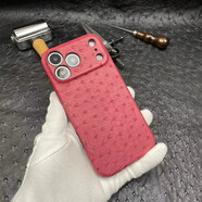 殼潮界【天然鴕鳥(niǎo)皮】適用蘋(píng)果17promax手機殼新款輕奢商務(wù)手工定制外殼iPhone17pro高端真皮防摔保護套 【紅色-全包-鏡頭精孔】 iPhone 17 Pro Max