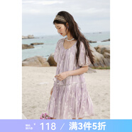 謎秀娃娃款印花雪紡連衣裙2025夏季新款拼接鏤空花邊+甜美花朵綁帶 紫色 S