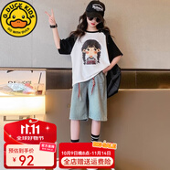 G.DUCKIDS女童夏裝套裝2025新款中大童韓版洋氣兒童裝薄款牛仔褲中褲兩件套 套裝黑色T恤+牛仔褲無繩 120