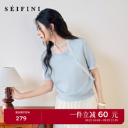 詩凡黎（'SEIFINI）詩凡黎圓領花邊短袖針織衫2025夏新款時尚設計感溫柔漂亮套頭衫女 藍色 S