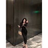 YIOU常規(guī)袖高腰包臀裙裙裙法式名媛V領(lǐng)珠片3197 黑色長(zhǎng)款 S