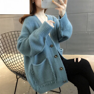 恒源祥羊·毛慵懶風流蘇毛衣外套女25秋冬新款韓版寬松單排扣針織開衫女 藍色. M 建議95-110斤左右.