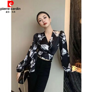 皮爾卡丹雪紡衫氣質(zhì)通勤別致交叉綁帶V領(lǐng)長(cháng)袖襯衫2025春季新款上衣女ins潮 黑色 2XL 135-145斤