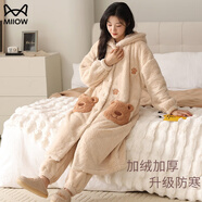 貓人（MiiOW）珊瑚絨睡袍女秋冬新款加絨加厚長(cháng)款睡衣可愛(ài)卡通冬天可外穿家居服 卡其小熊 M 【建議約80-100斤】