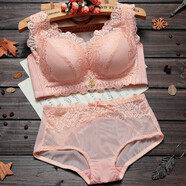 紅豆內(nèi)衣套裝女夏小胸文胸聚攏收副乳少女無(wú)鋼圈性感蕾絲薄款透氣胸罩 蝦粉套裝 80B 36B_【薄款】