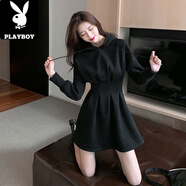 花花公子（PLAYBOY）輕奢小眾休閑炸街連衣裙女秋冬法式復古小個(gè)子連帽收腰加絨衛衣裙 黑色 加絨 XL