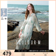 三彩2025春季新款真絲連衣裙兩件套桑蠶絲V領(lǐng)飄逸長裙浪漫M 湖水藍(lán)花卉 M 160/84A