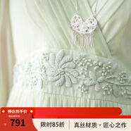 生活在左時裝周同款繡花桑蠶絲真絲連衣裙女裝修身中長款長裙子 米白色 S