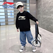 李寧童裝衛衣男大童新款防風(fēng)保暖圓領(lǐng)logo印花寬松青少年無(wú)帽長(cháng)袖上衣 黑色90-3 150