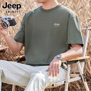 JEEP SPIRIT吉普純色t恤男短袖重磅半袖純色2025新款夏季寬松體恤衫上衣服潮 軍綠色 3XL 【建議體重170-180斤】
