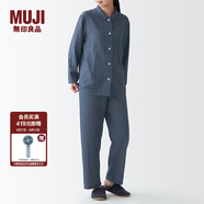 無印良品 MUJI 女式無側(cè)縫雙層紗織睡衣純棉全棉 FDA20C1A 女士家居服套裝 藏青色X圖案 S-M