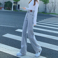 GABALMANIA夏季雙排扣淺藍色牛仔褲女韓版高腰闊腿褲垂感直筒拖地長褲子 淺藍 S 85-95斤