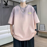 花花公子（PLAYBOY）吊染短袖男夏季薄款新款寬松上衣服重磅透氣漸變色男生恤衫 7823淺粉色 L 100-120斤