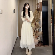 園翌白色蕾絲溫柔風(fēng)連衣裙子女秋冬季2025法式氣質(zhì)感收腰長裙 連衣裙 M 45/55kg 【贈運費險】現(xiàn)貨速發(fā)
