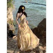 MOKITOUL國際高級感設計感氣質(zhì)露腰沙灘裙法式浪漫蝴蝶結洋裝海邊度假吊帶 油畫(huà)暈染 S