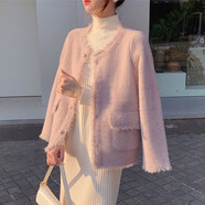 花花公子（PLAYBOY）2025春秋新款法式名媛粉色小香風(fēng)上衣防水貂絨短款毛呢外套女裝 粉色 名媛粉開衫 M