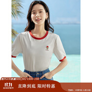 茵曼涼感撞色繡花女裝正肩短袖t恤2025夏季新品打底衫上衣 珍珠白1 S