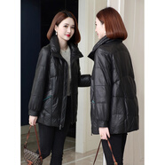 艾彼黛施真皮羽絨服女2025冬季新款寬松休閑面包領綿羊皮夾克外套短款 黑色 M