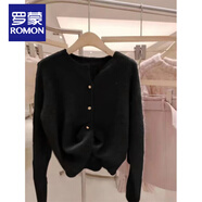 羅蒙（ROMON）粉色軟糯仿浣熊絨針織開(kāi)衫女秋冬溫柔凡爾賽毛衣外套法式奶系上衣 黑色【港風(fēng)/時(shí)髦/奶fufu/韓式/洋氣減齡/設計 M (95-105斤)