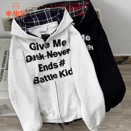 乖甜星秋季新款美式街頭假兩件格子連帽衛衣女寬松外套個(gè)性百搭女裝上衣 花灰色 加絨加厚 M 建議100斤內