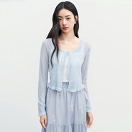 樂(lè )町精致鏤空提花線(xiàn)開(kāi)衫女2025年夏季新款精致甜美針織短款外套 融冰藍（現貨） S