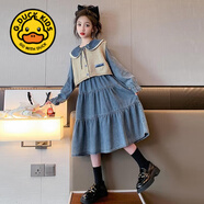 G.DUCKKIDS童裝兒童連衣裙洋氣女童牛仔裙春裝2024秋季新款女孩公主長(cháng)袖裙子 馬甲+牛仔連衣裙 140 適合身高130cm4-12歲