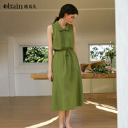 Olrain歐芮兒綠色綁帶法式連衣裙女夏季新款森系度假露肩長(cháng)裙 綠色 L