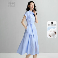 晚白【新品】2025夏氣質(zhì)知識(shí)分子文藝風(fēng)裙子條紋收腰短袖全棉連衣裙 條紋 S