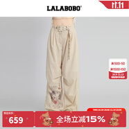 拉拉波波【商場同款】LALABOBO長褲25年夏新款潮原創(chuàng)印花顯瘦直筒通勤褲子 卡其 25