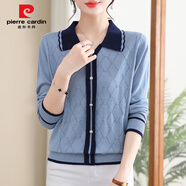 皮爾卡丹媽媽秋裝上衣女翻領(lǐng)長(cháng)袖秋季毛衣新款氣質(zhì)娃娃領(lǐng)針織衫減齡打底衫 TT231#藍色 M 建議90-108斤