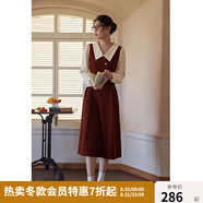 獨束大碼女裝假兩件撞色襯衫領(lǐng)連衣裙女秋冬微胖mm文藝復古穿搭裙子 勃艮第紅【適合165左右】 3XL