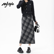 MJ STYLE呢子格子半身裙女2025新款春秋高腰顯瘦開(kāi)叉包臀中長(zhǎng)裙子 黑灰 L
