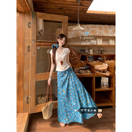 茯見(jiàn)藍色碎花油畫(huà)系帶半身裙夏季高腰復古A字長(cháng)裙子女裝套裝2025新品 白T恤+墨油半身裙+發(fā)圈 M