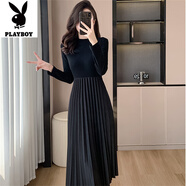 花花公子（PLAYBOY）新品小香風(fēng)馬甲長(cháng)裙兩件套女春季法式復古打底黑色百褶連衣裙套裝 單黑色連衣裙-旗艦款 XL