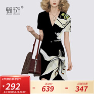 魅斑歐美范氣質V領印花連衣裙2023年夏季新款短袖中腰修身A字裙潮 花色 S