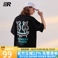 ER笑臉線稿涂鴉短袖t恤男女夏季情侶款潮流短t男士卡通半袖T恤男 黑色-男女同款 L碼-185/80kg