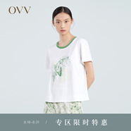 OVV2023春夏新款女裝廓形修身柔軟輕薄羅紋撞色抽象印花短袖T恤 中綠花紋08 M