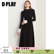 DPLAY新優(yōu)雅氣質(zhì)撞色半高領(lǐng)黑色木耳邊針織連衣裙毛衣長(cháng)裙 長(cháng)款-連衣裙-黑拼白 S