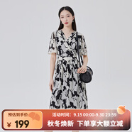 艾萊依（ERAL）商場同款連衣裙女新款法式碎花小清新連衣裙收腰夏季中長款裙子 黑底色花 S 155/62A