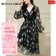 Ehangy輕奢品牌連衣裙女2025夏季新款法式時(shí)尚寬松時(shí)尚桑蠶絲碎花裙子 黑底花色 M