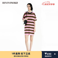 IIIVIVINIKO2024夏季新款休閑H型條紋短袖T恤連衣裙女R421102649C 粉紅 M