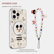 迪士尼（Disney）正版適用iPhone16promax手機殼新款15磁吸旋轉帶支架蘋(píng)果13女款感14pro帶掛繩magsafe保護套全包 配同款珍珠手繩【嘻笑米奇頭白】360°旋轉磁吸支架 iPh
