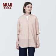 無(wú)印良品（MUJI） 女式 木棉混雙層紗織五分袖束腰長(cháng)上衣內搭罩衫襯衫BC2J1C4S 煙熏橙色條紋 S(155/80A)