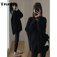 花花公子日系慵懶風(fēng)中長(cháng)款加厚毛衣女秋冬外穿復古開(kāi)叉針織衫 黑色 S 80-95斤