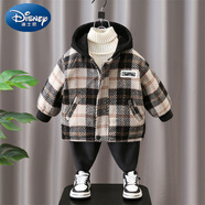 迪士尼（Disney）男童加絨外套春秋冬款2025新款兒童格子棉衣男孩二棉毛呢連帽棉服 黑色 90 cm
