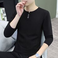 金盾（KIN DON）2025春秋新款男士長(cháng)袖T恤男裝休閑男生V領(lǐng)扣子領(lǐng)男生打底衫棉 黑 L