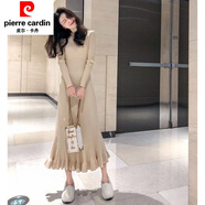 皮爾卡丹（pierre cardin）2025新款針織魚尾大擺連衣裙長款過膝氣質(zhì)修身打底單穿毛衣裙春秋 【加厚圓領(lǐng)】杏色 L 【建議100-110斤】