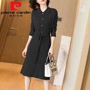 皮爾卡丹（pierre cardin）2025秋裝新款針織連衣裙女中長款長袖韓版收腰系帶顯瘦紐扣長裙子 黑色今年流行的輕奢品牌 S